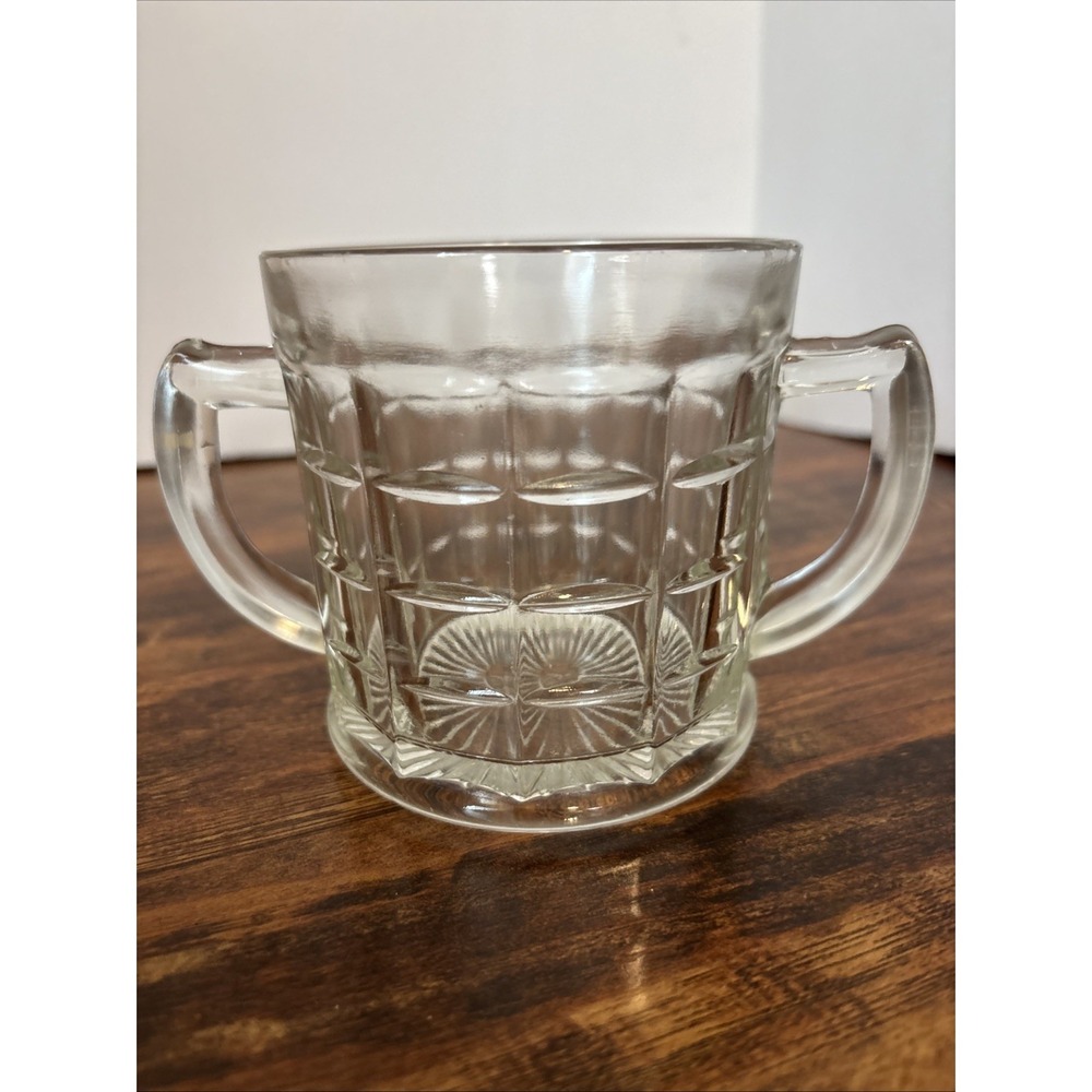 Vintage Federal Glass ClearWaffle Pattern Double Handle SugarBowl Starburst Base